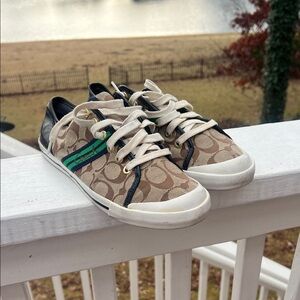 Coach women's 9.5 Tan and Blue stripe  Sneakers